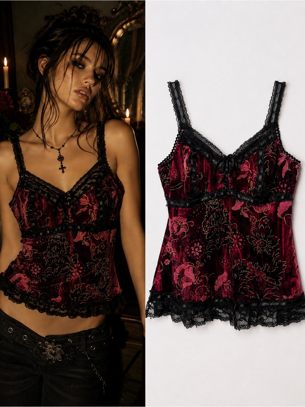 Y2K Fire Portfolio Velvet Floral Lace Cami Top Small Whimsigoth Fairy Grunge